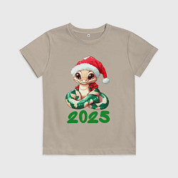 Футболка хлопковая детская Милая змейка в новогодней шапочке 2025, цвет: миндальный