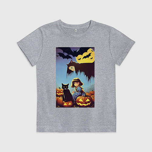 Детская футболка Ведьма зависла над девочкой и котом / Меланж – фото 1