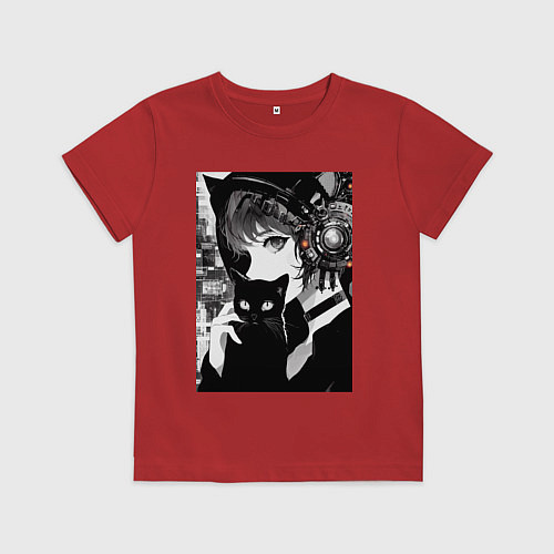 Детская футболка Girl with black kitten anime - cyberpunk / Красный – фото 1