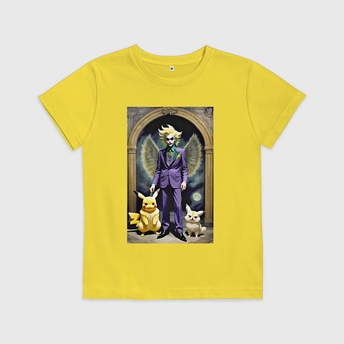 Детская футболка Крылатый клоун с Пикачу и котом - нейроарт / Желтый – фото 1