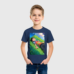 Футболка хлопковая детская Аниме мальчик на траве, цвет: тёмно-синий — фото 2
