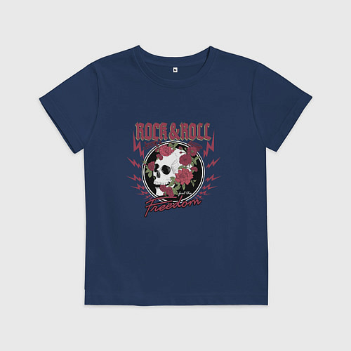 Детская футболка Рок н ролл череп и цветы / Тёмно-синий – фото 1
