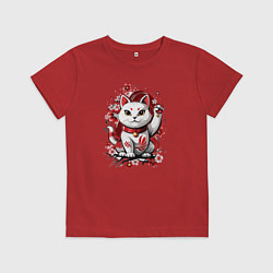 Футболка хлопковая детская Манеки Неко, белая кошка удачи, цвет: красный