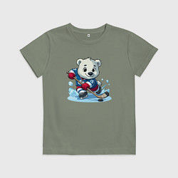 Футболка хлопковая детская Полярный медвежонок хоккейный форвард, цвет: авокадо