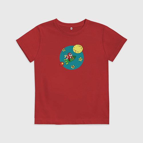 Детская футболка Санта Клаус летит на ракете на Луну / Красный – фото 1