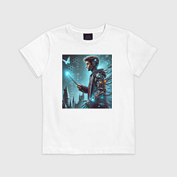 Футболка хлопковая детская Harry Potter with a magic wand - cyberpunk, цвет: белый