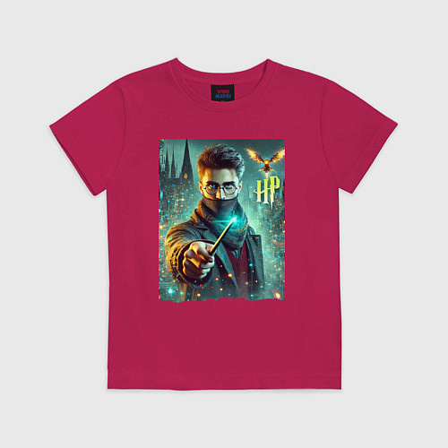Детская футболка Harry Potter with a magic wand - ai art fantasy / Маджента – фото 1