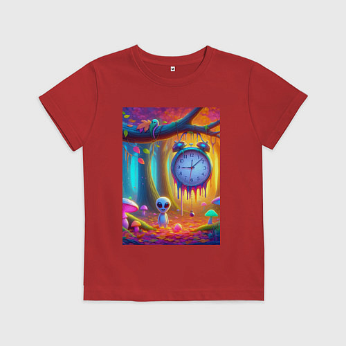 Детская футболка Психоделический осенний фрагмент с будильником / Красный – фото 1