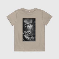 Футболка хлопковая детская Котейка и НЛО, цвет: миндальный