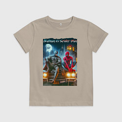 Детская футболка Разговор Бэтмена и человека паука на капоте автомо