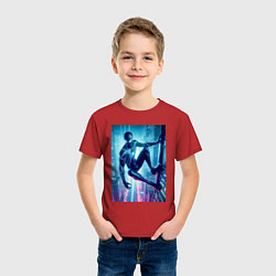 Футболка хлопковая детская Чувак-паук висит на стене небоскрёба, цвет: красный — фото 2