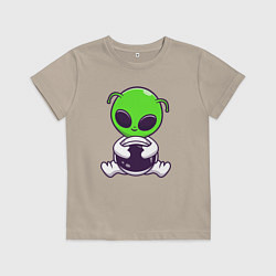 Футболка хлопковая детская Пришелец космонавт, цвет: миндальный