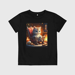 Футболка хлопковая детская Уютный кот у камина с чашкой какао, цвет: черный