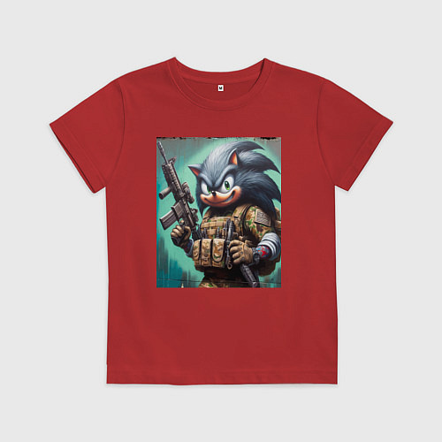 Детская футболка Ёжик Соник солдат спецназа - нейроарт / Красный – фото 1