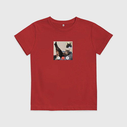 Детская футболка Видеозвонок с кошкой - мем для пары / Красный – фото 1