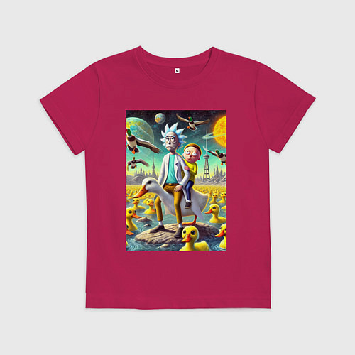 Детская футболка Рик и Морти сидят на утке на одноимённой планете / Маджента – фото 1