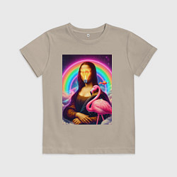 Футболка хлопковая детская Мона Лиза - лампочка и розовый фламинго, цвет: миндальный