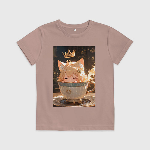 Детская футболка Кошечка с короной в чашке / Пыльно-розовый – фото 1