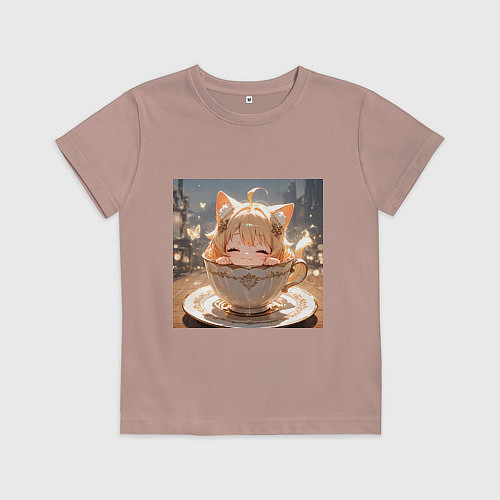 Детская футболка Кошечка с короной в чашке / Пыльно-розовый – фото 1