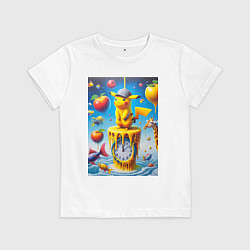 Футболка хлопковая детская Funny Pikachu and fishes - surrealism, цвет: белый
