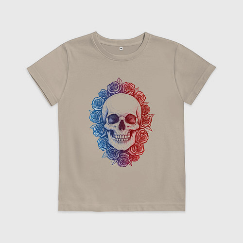 Детская футболка Череп и сине-красные розы / Миндальный – фото 1