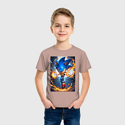 Футболка хлопковая детская Соник огненные кулаки, цвет: пыльно-розовый — фото 2