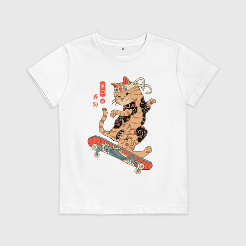 Детская футболка Кот самурай - скейтбордист / Белый – фото 1