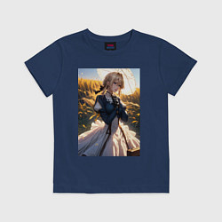 Футболка хлопковая детская Вайолет Эвергарден на поле пшеницы, цвет: тёмно-синий