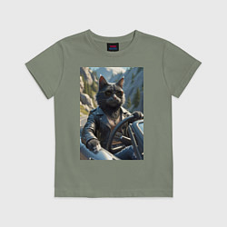 Футболка хлопковая детская Кот за рулем кабролета, цвет: авокадо