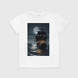 Футболка хлопковая детская Пиратский корабль в шторм, цвет: белый