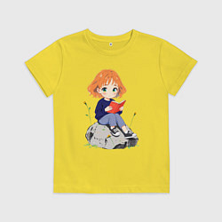 Футболка хлопковая детская Рыжая девушка читает книгу, цвет: желтый