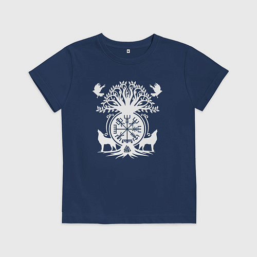 Детская футболка Мистические спутники воина с символикой вегвизир / Тёмно-синий – фото 1