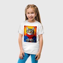 Футболка хлопковая детская Котик в вязаной кофте, цвет: белый — фото 2