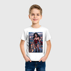 Футболка хлопковая детская Чудо-женщина с городским фоном в стиле комиксов, цвет: белый — фото 2