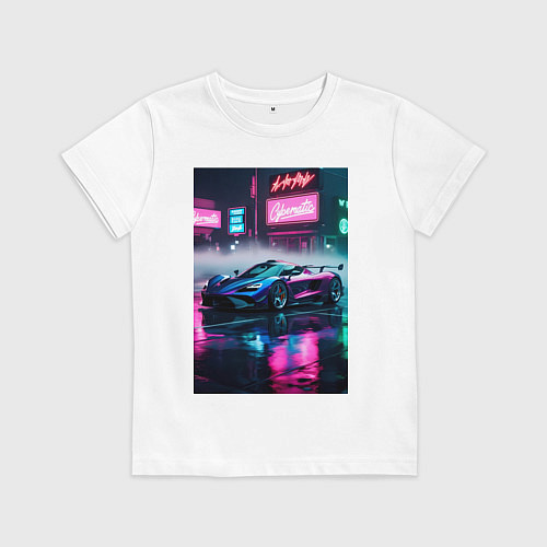 Детская футболка Суперкар возле неоновой вывески в стиле киберпанк / Белый – фото 1