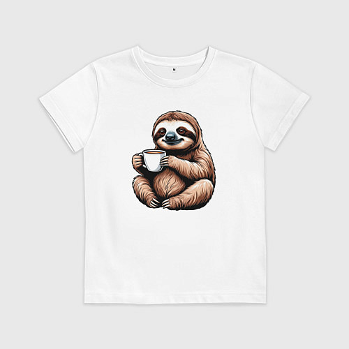 Детская футболка Ленивец пьет кофе / Белый – фото 1