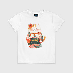 Футболка хлопковая детская Кошечка в кимоно, цвет: белый