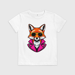 Футболка хлопковая детская Лиса в очках и розовой куртке, цвет: белый