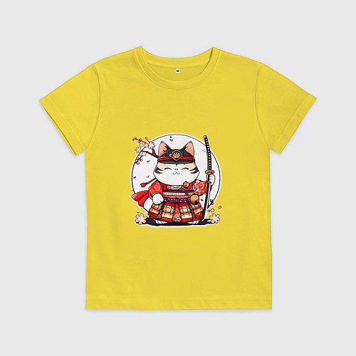 Детская футболка Кот самурай на фоне луны / Желтый – фото 1