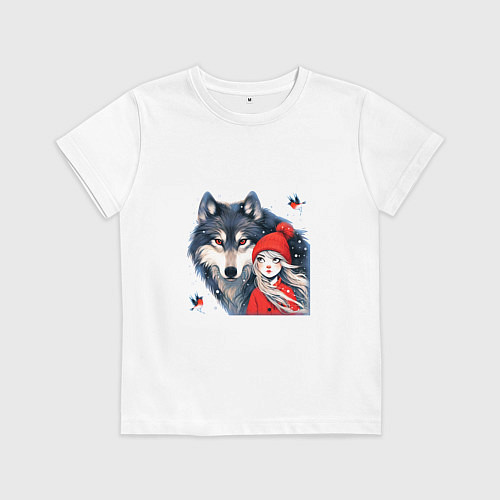 Детская футболка Красивый серый волк и шапочка Красная / Белый – фото 1