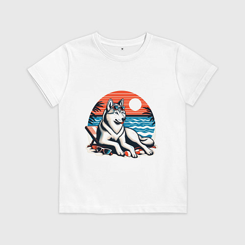 Детская футболка Хаски отдыхает на пляже / Белый – фото 1