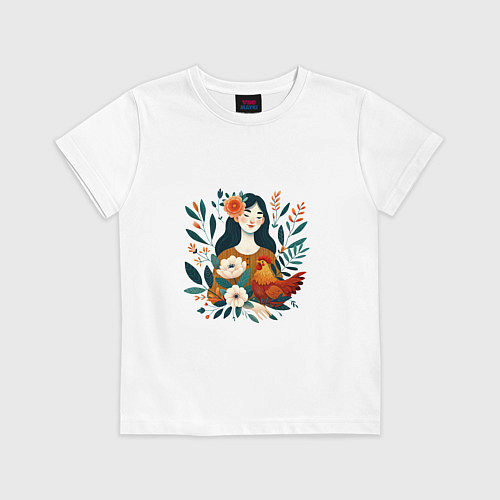 Детская футболка Девушка и курица в окружении цветов / Белый – фото 1