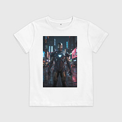 Футболка хлопковая детская Железный человек посреди ночного города, цвет: белый