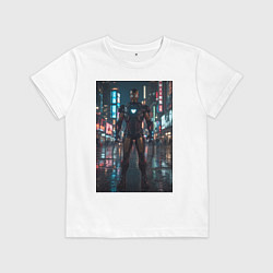 Футболка хлопковая детская Железный человек посреди ночного города, цвет: белый