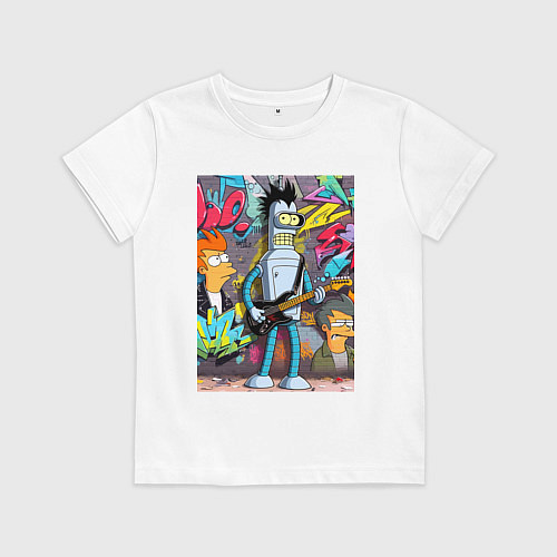 Детская футболка Бендер с гитарой и Фрай - граффити / Белый – фото 1