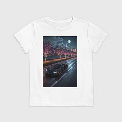 Футболка хлопковая детская Черный суперкар едет к мегаполису, цвет: белый