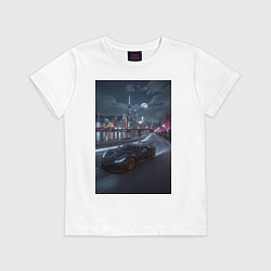 Футболка хлопковая детская Черный суперкар едет к мегаполису, цвет: белый