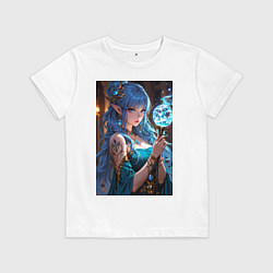 Футболка хлопковая детская Прекрасная эльийка-маг с посохом, цвет: белый