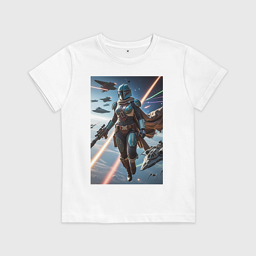 Детская футболка Девушка-мандалорец в космосе / Белый – фото 1
