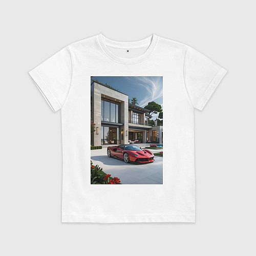 Детская футболка Красный суперкар у дома / Белый – фото 1